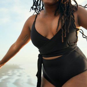 AERIE Black Wrap One Piece Swimsuit Full Coverage